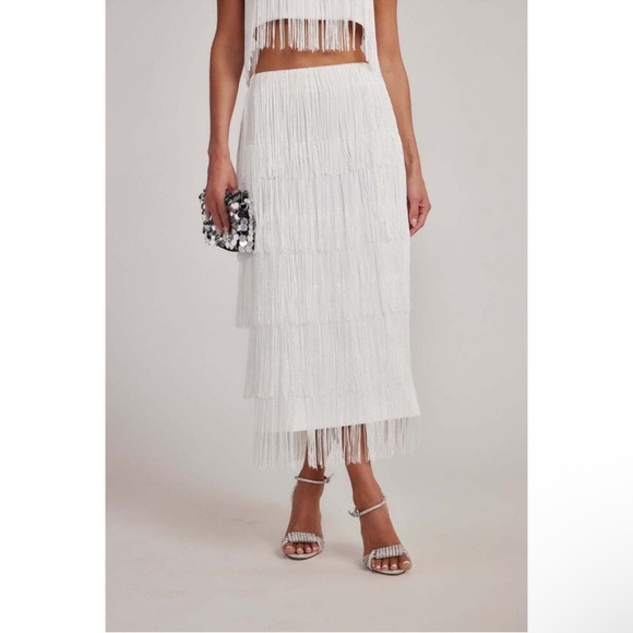 12th Tribe Gatsby White Fringe Midi Skirt & Gatsby White Fringe Strapless Top - Picture 3 of 6